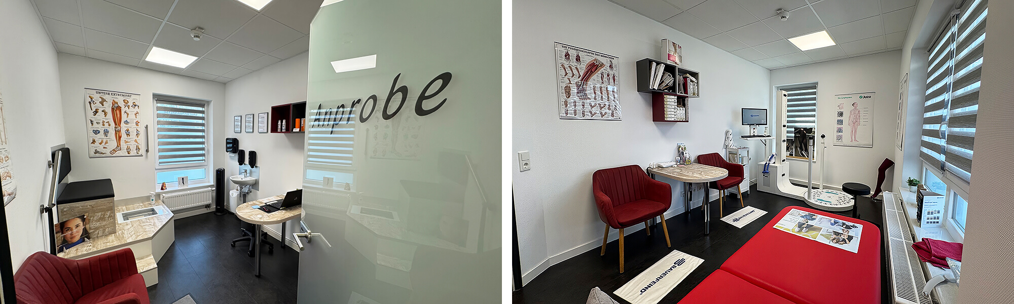 Detailansichten der Behandlungsräume: Ein Raum mit Waschbecken und Schreibtisch sowie ein Anproberaum mit Analysegerät und roter Liege.