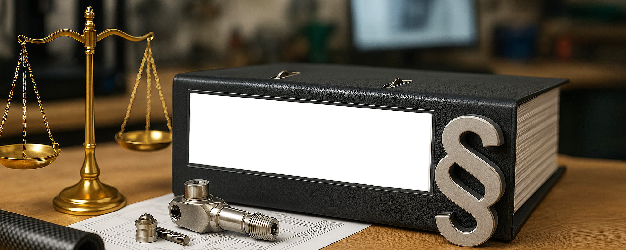 Schwarzer Aktenordner mit Paragraphenzeichen und Justizwaage als Symbol für Recht und Impressum